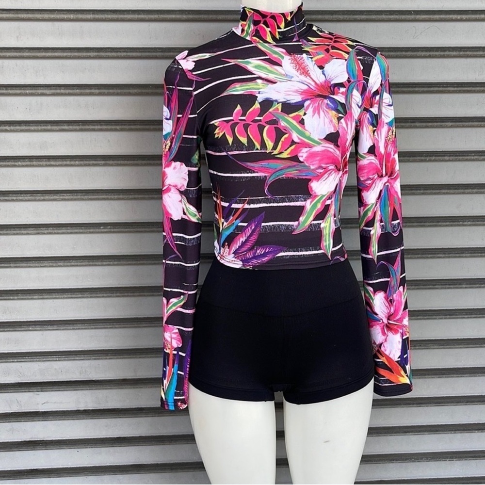 K Too USA Tropical Striped Hibiscus Long Sleeve Rash Guard Swim Set Medium